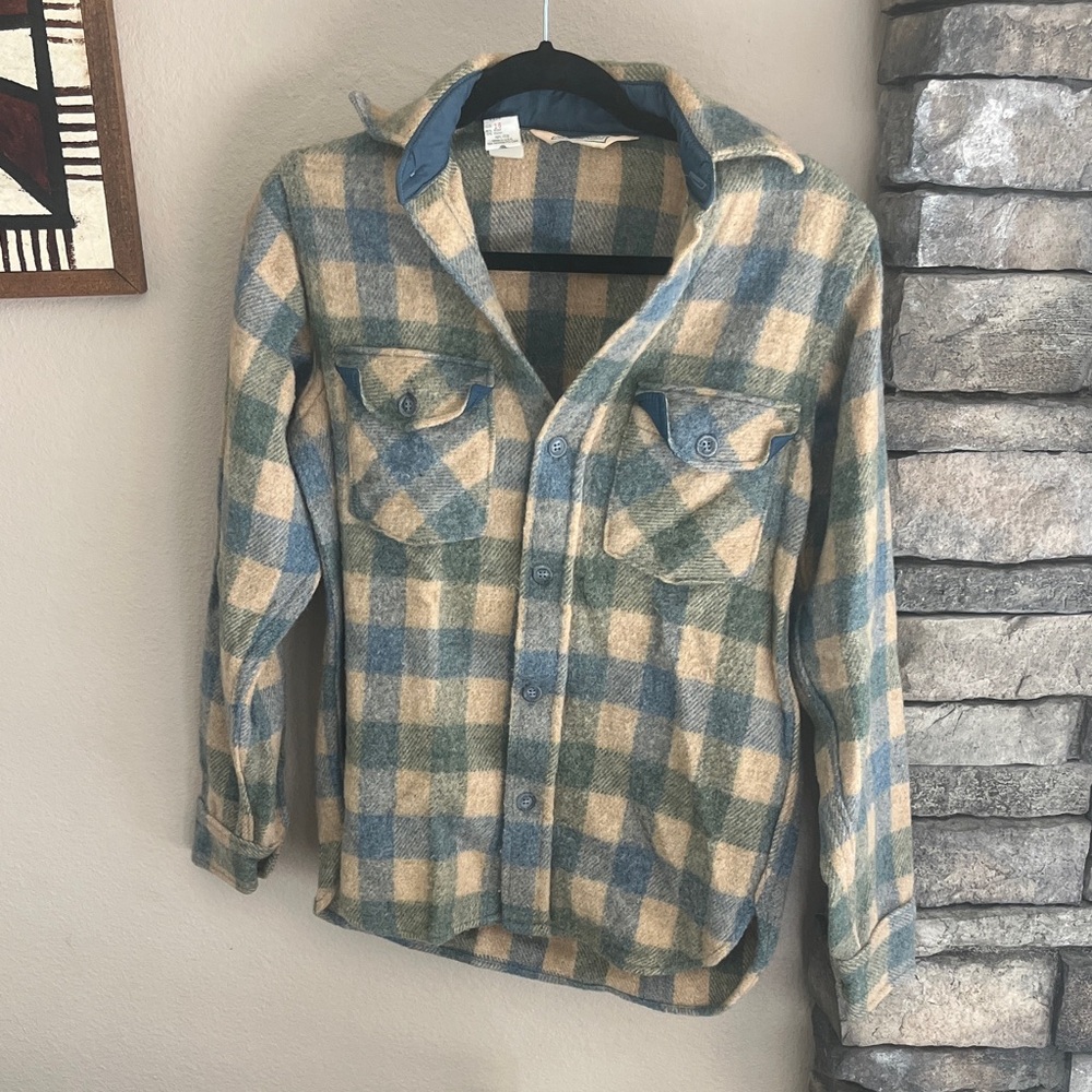 Vintage Plaid Button-Up LL Bean wool blend Shirt in Blue and Tan made in USA